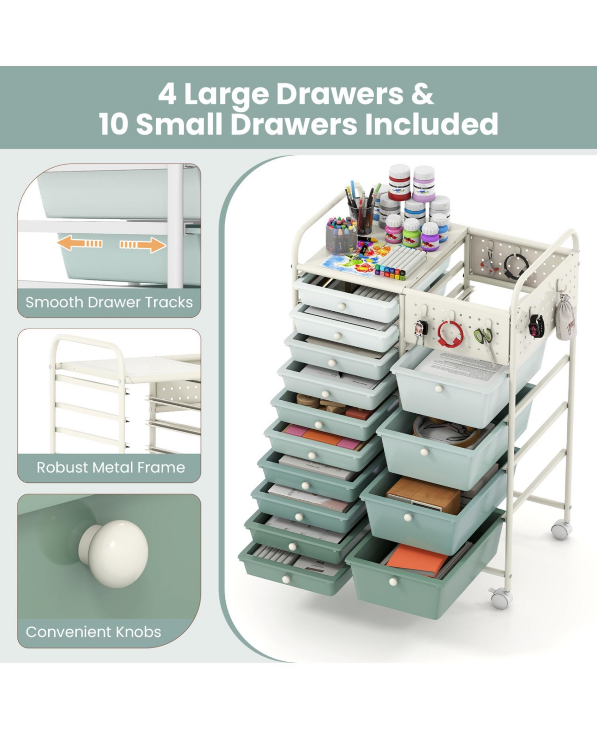 Mecale 14-Drawer Rolling Cart with Metal Top and Pegboard