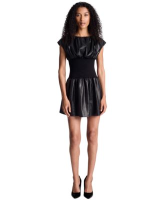 Women's Fit & Flare Ribbed-Waist Faux Leather Mini Dress