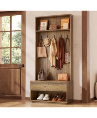 Hall Tree with Bench and Shoe Storage, Entryway Coat Rack with Shoe Bench and Drawer, 5 Hooks, Freestanding Hall Tree Organizer