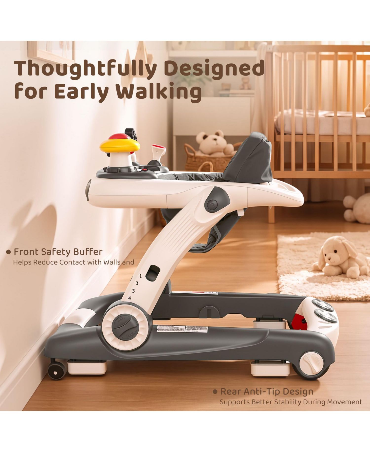 5-in-1 Baby Activity Walker with Music and Lights, Adjustable Height and Safety Bumper
