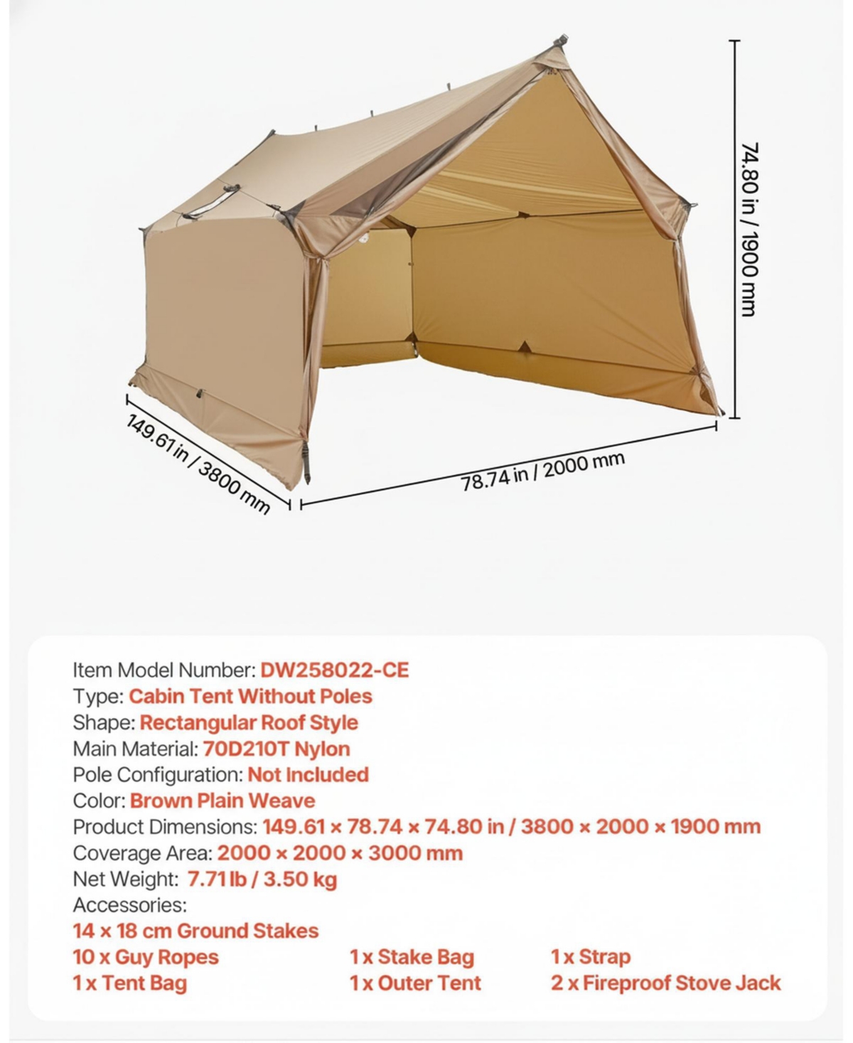 Gouun 2-Person Cabin Hot Tent with Stove Jack, Waterproof 4-Season Lightweight Camping Shelter