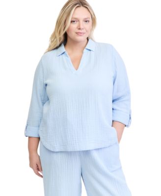 Plus Size Long-Sleeve Roll-Tab Popover Blouse
