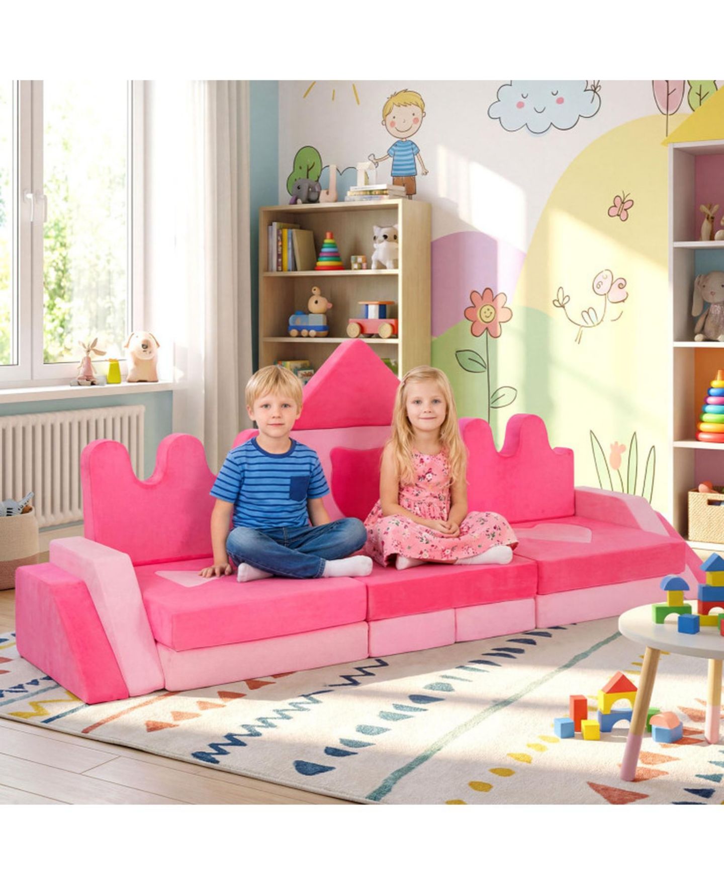 Детские игрушки HONGGE 14-Piece Modular Kids Play Couch with Washable Covers, цвет: Пудровый розовый — фото 10