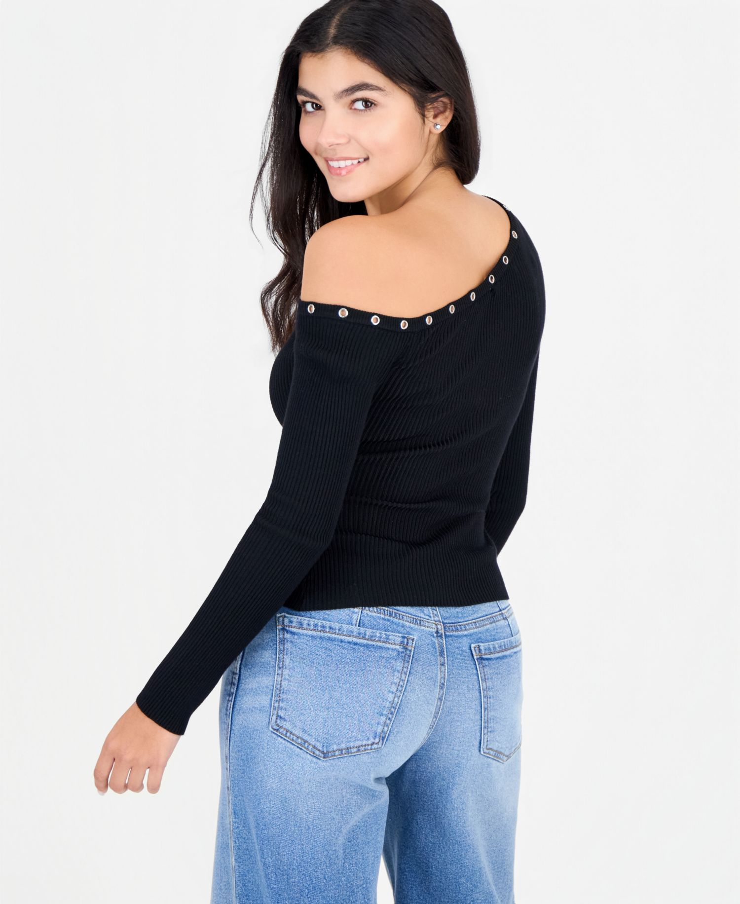 Juniors' Asym Neckline Grommet Ribbed Sweater