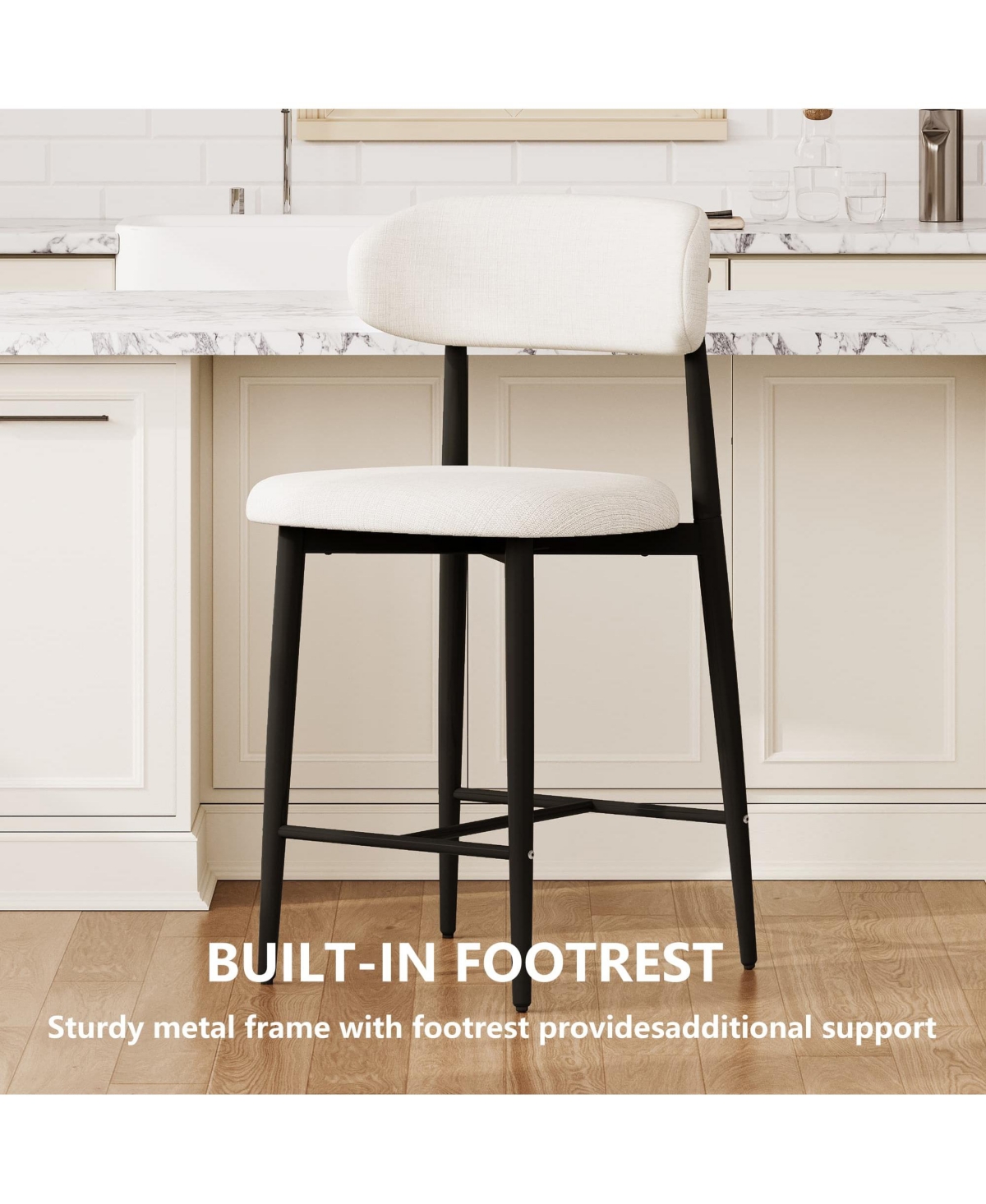 Maison Boucle Set of 2 Modern Mid-Century Counter Height Bar Stools, Linen Upholstered Barstools with Back