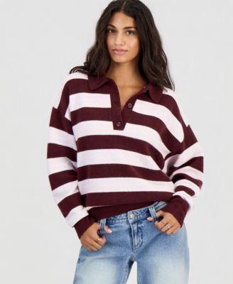Juniors' Collar Rugby Slouchy Striped Sweater