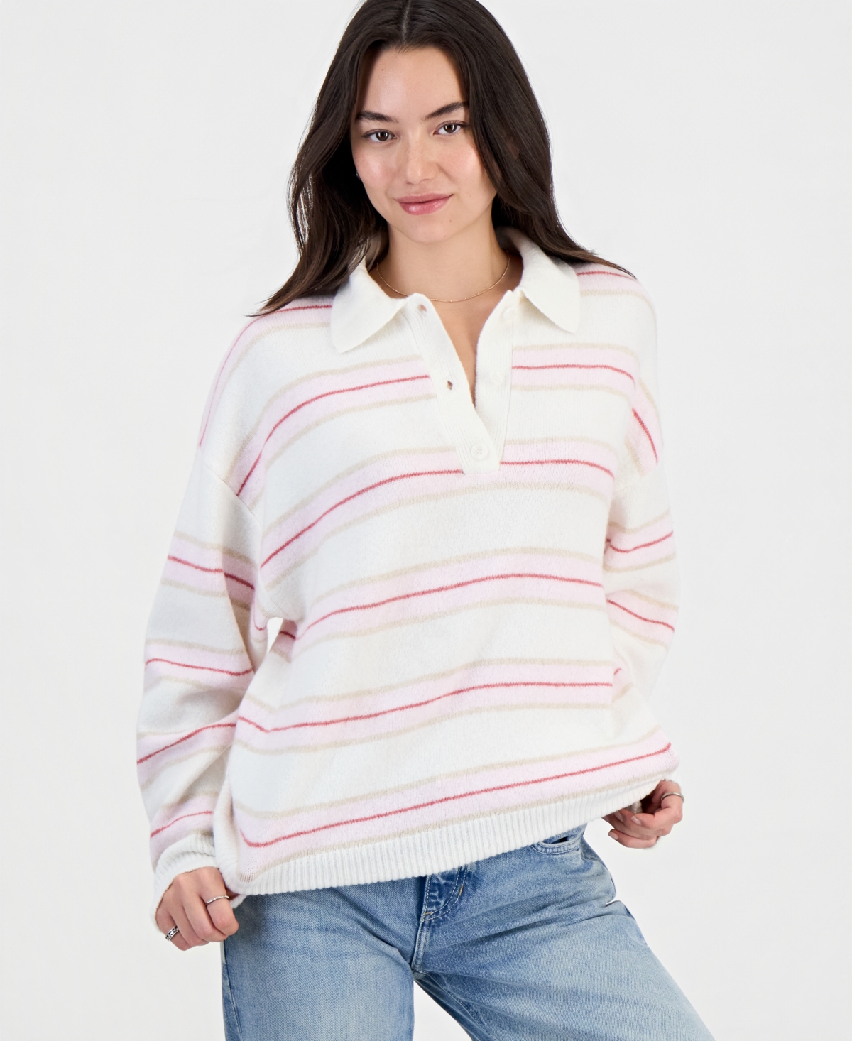 Hippie Rose Juniors' Collar Rugby Slouchy Striped Sweater In White