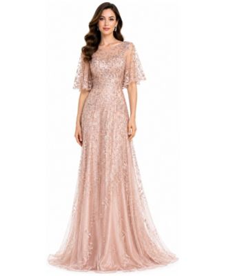Women's Cape-Sleeve A-Line Pearl-and-Rhinestone Gown
