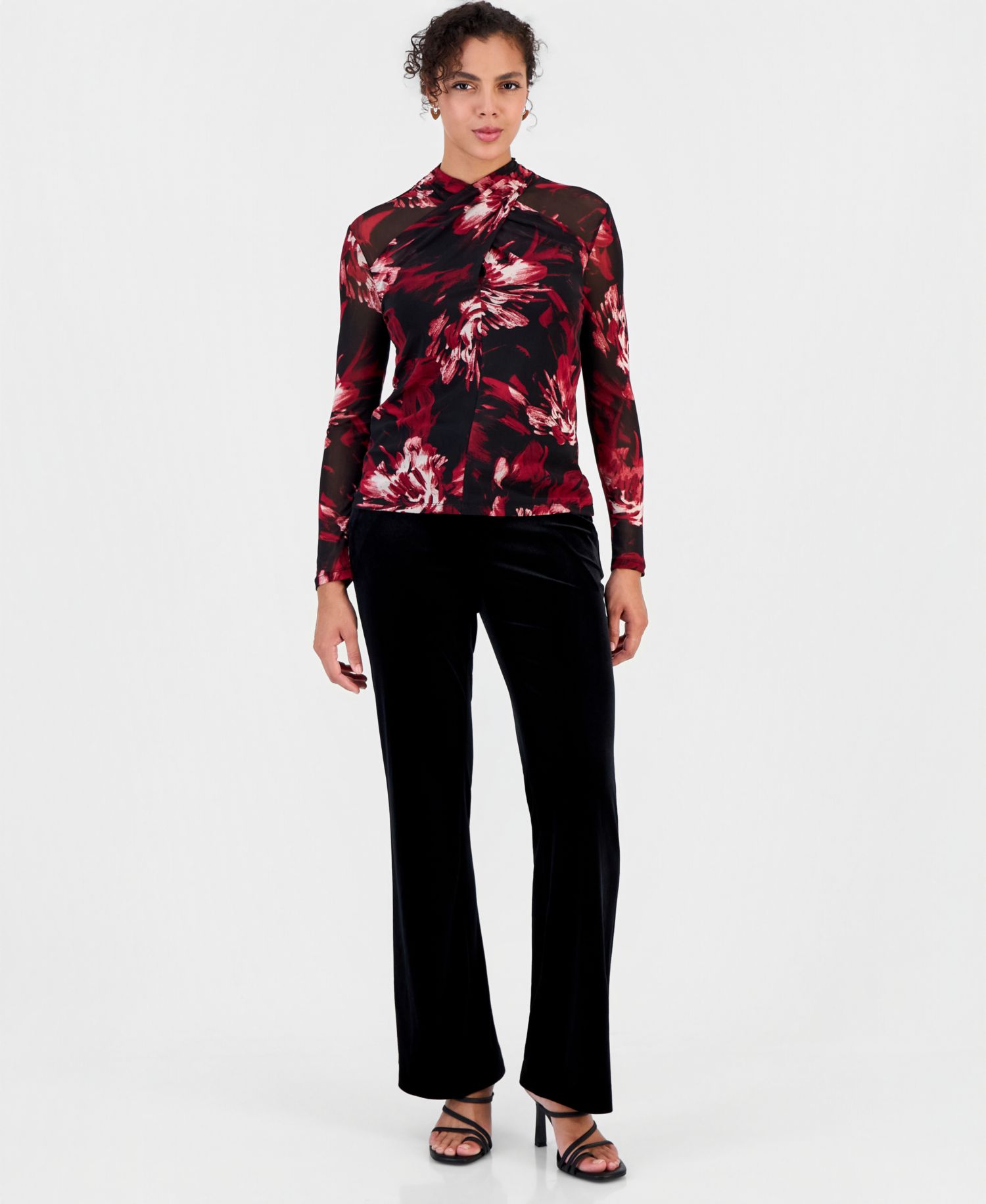 Women's Floral-Print Mesh Long-Sleeve Blouse