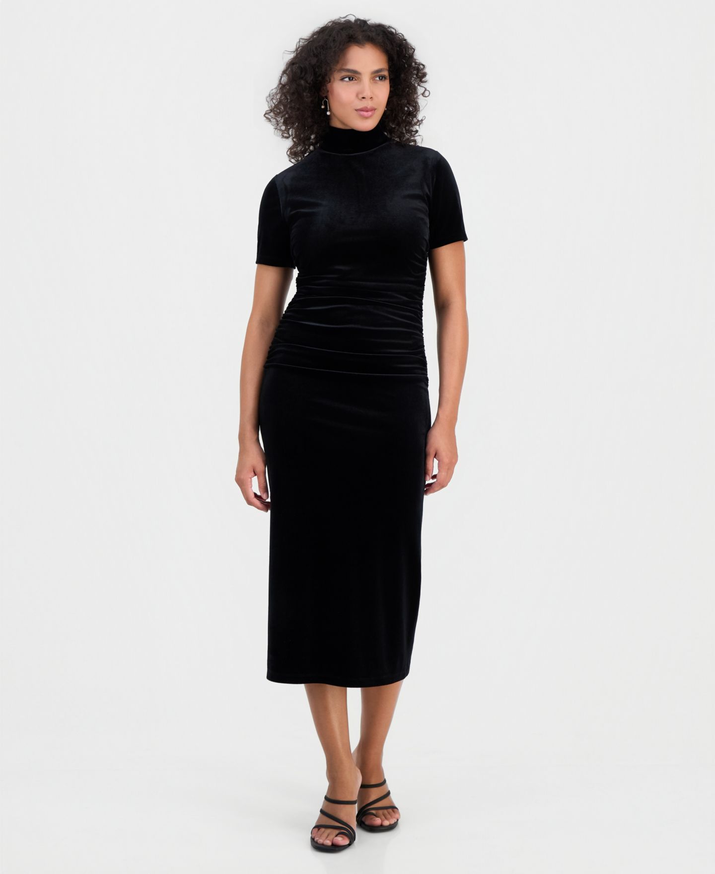 Женское платье Bar III Mock Neck Velvet Midi, цвет: Чёрный — фото 1