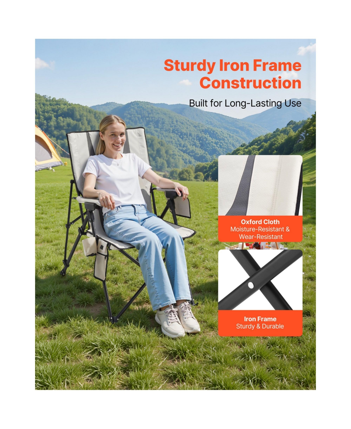 Mountaintop Heated Camping Chair, 3 Heat Settings, High Back Folding Chair, 260lbs Support, Padded Armrest and Cupholder