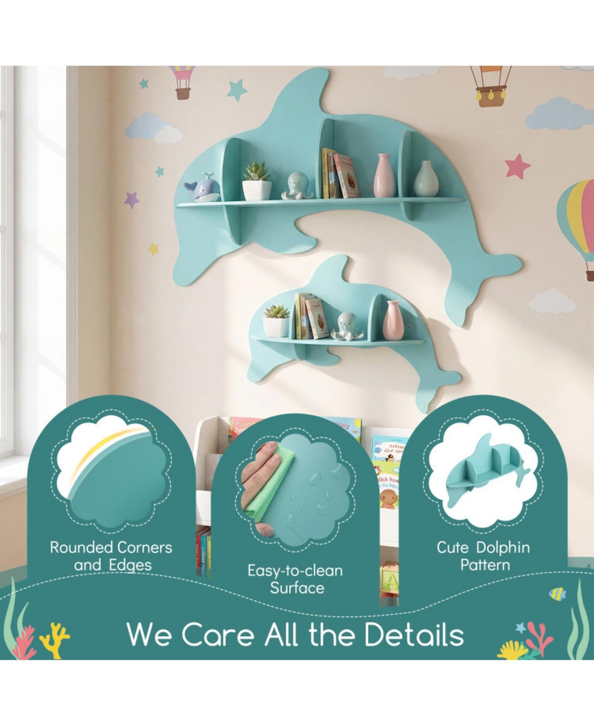 Sugift 2 Pieces Floating Dolphin Shelves Wall Mounted Kids Room Storage Display Rack with Dividers