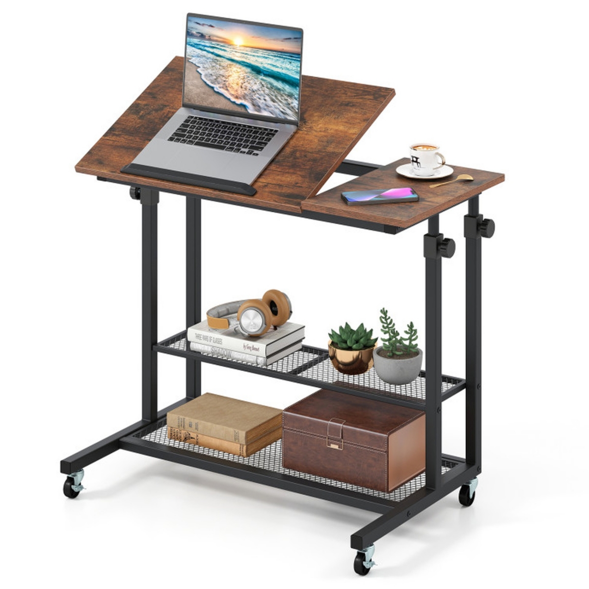 Sugift Mobile Height Adjustable Standing Desk on Wheels with Tilting Tabletop