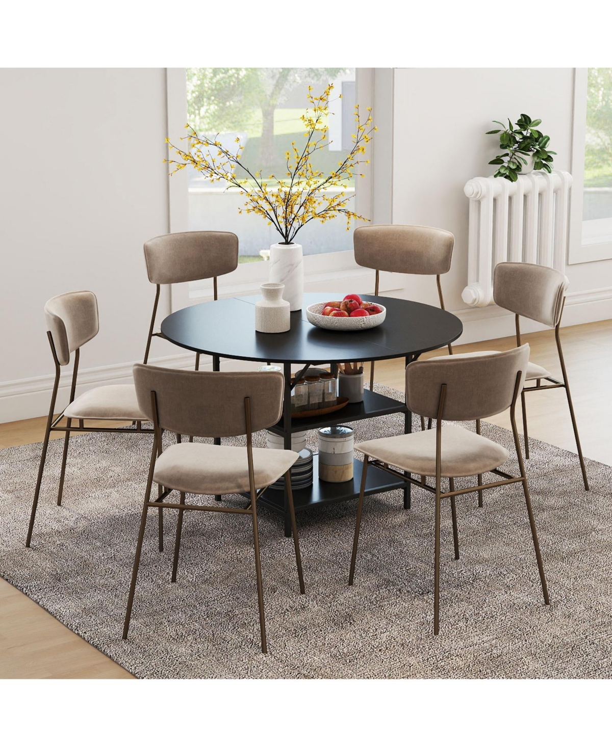 Mecale 47-Inch Round Dining Table for 4-6 with 2-Tier Storage Shelves