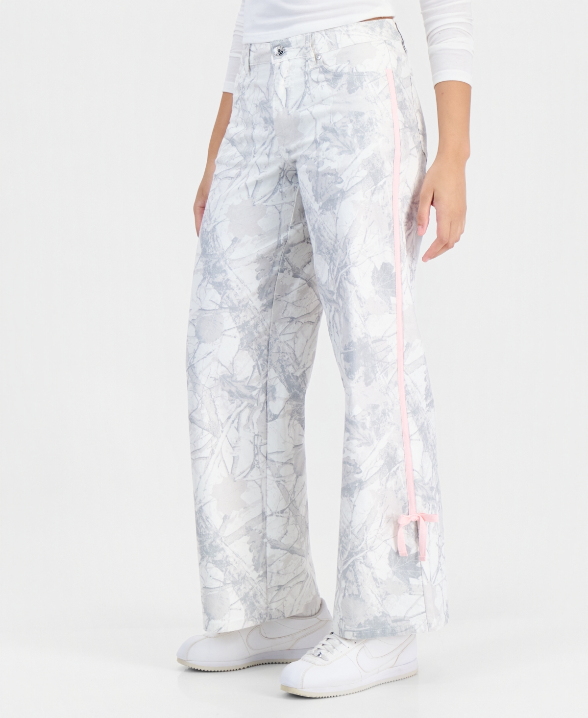 Madden Girl Juniors' White Tree Camo High-Waisted Wide-Leg Jeans