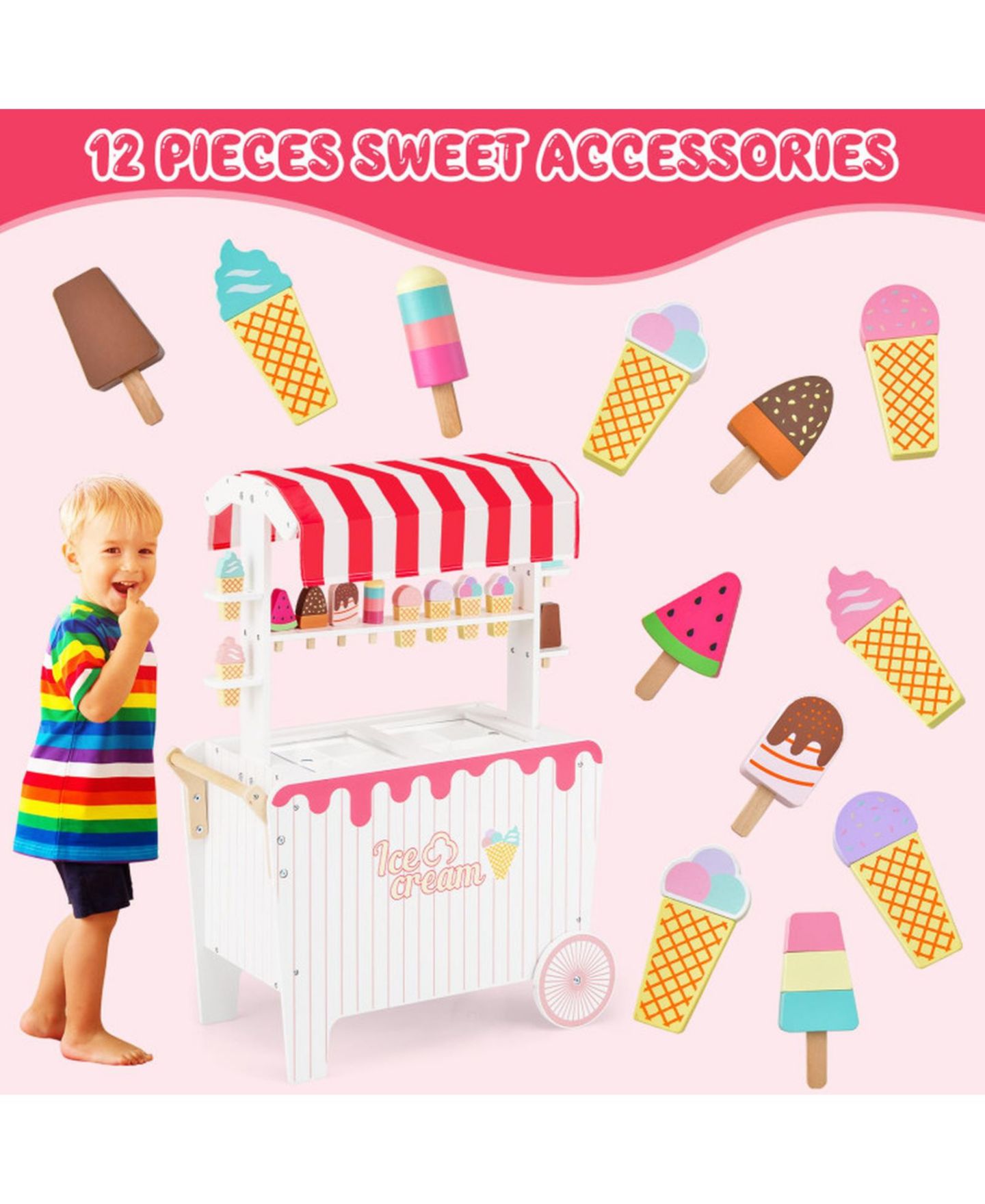 Детский игровой набор SUGIFT Ice Cream Cart 12-Piece Rolling Canopy Playset, Ages 3+, цвет: Красный — фото 4