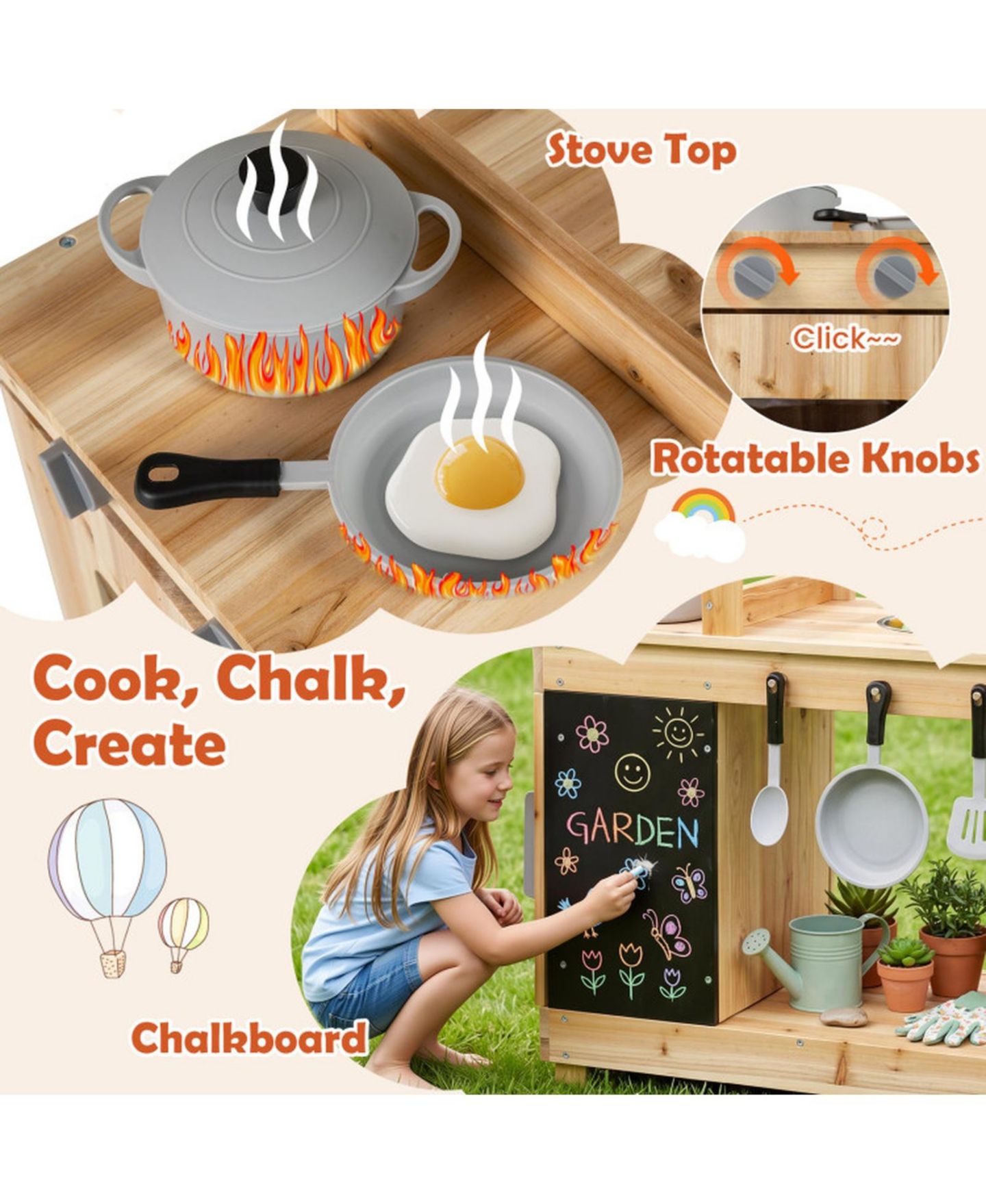 Детская игрушка SUGIFT Outdoor Mud Kitchen with Rotatable Stove Knobs, Ages 3+, цвет: Натуральный — фото 7