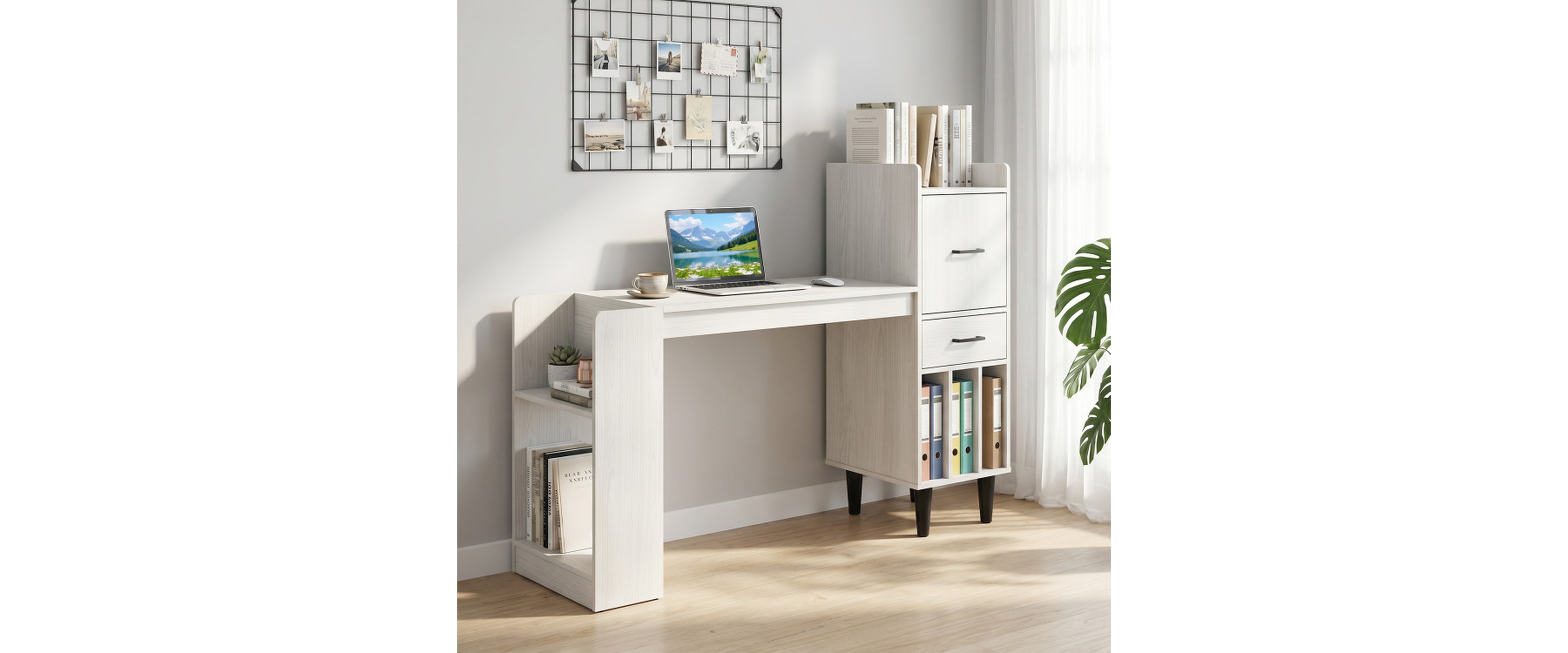 Sugift 59 Inch Home Office Desk with Side Storage Shelves Drawer and Cabinet Modern Computer Workstation