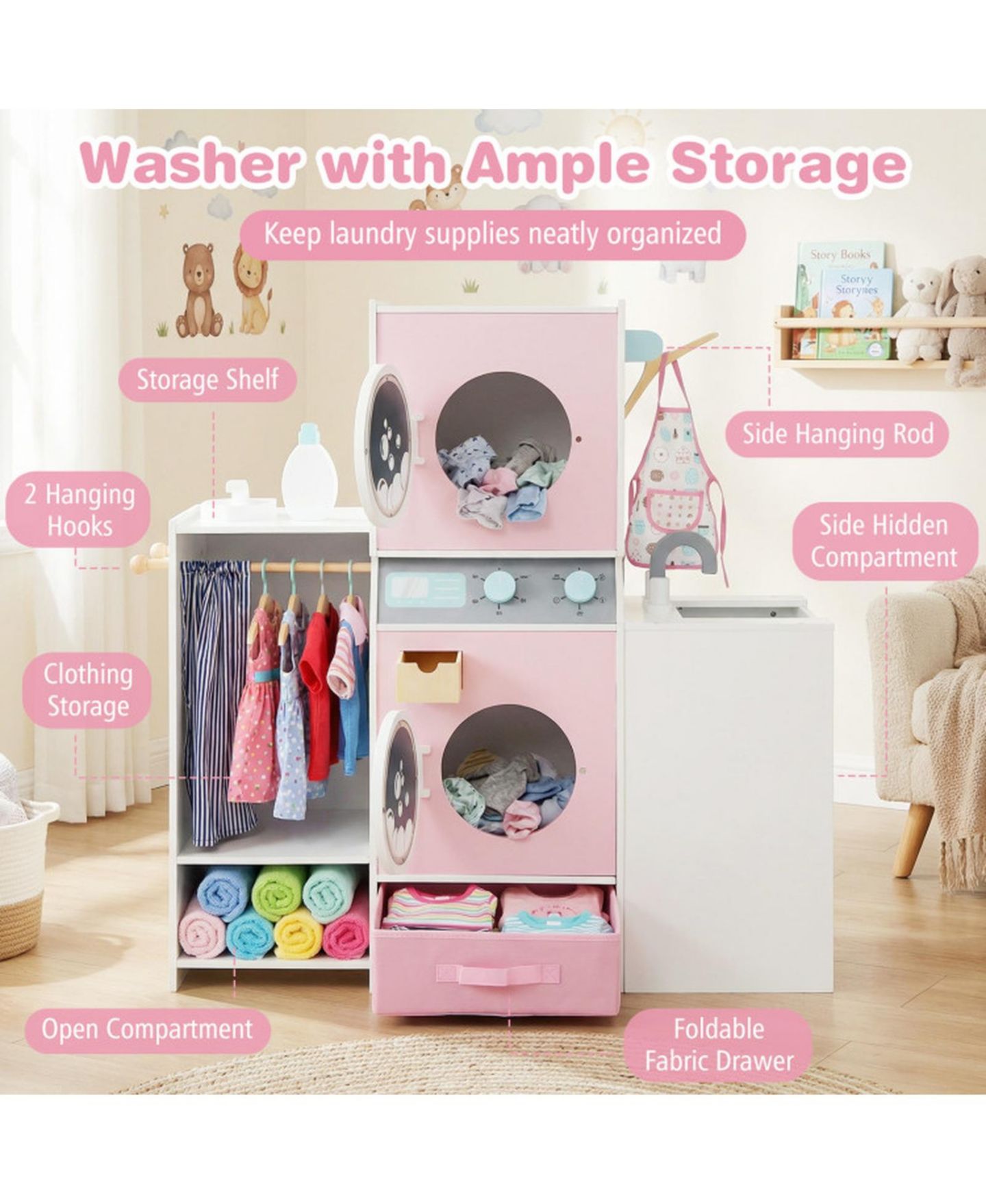 Детский игровой набор SUGIFT Kids Laundry Dual Washers Ironing Board Playset, Ages 3+, цвет: Розовый — фото 6