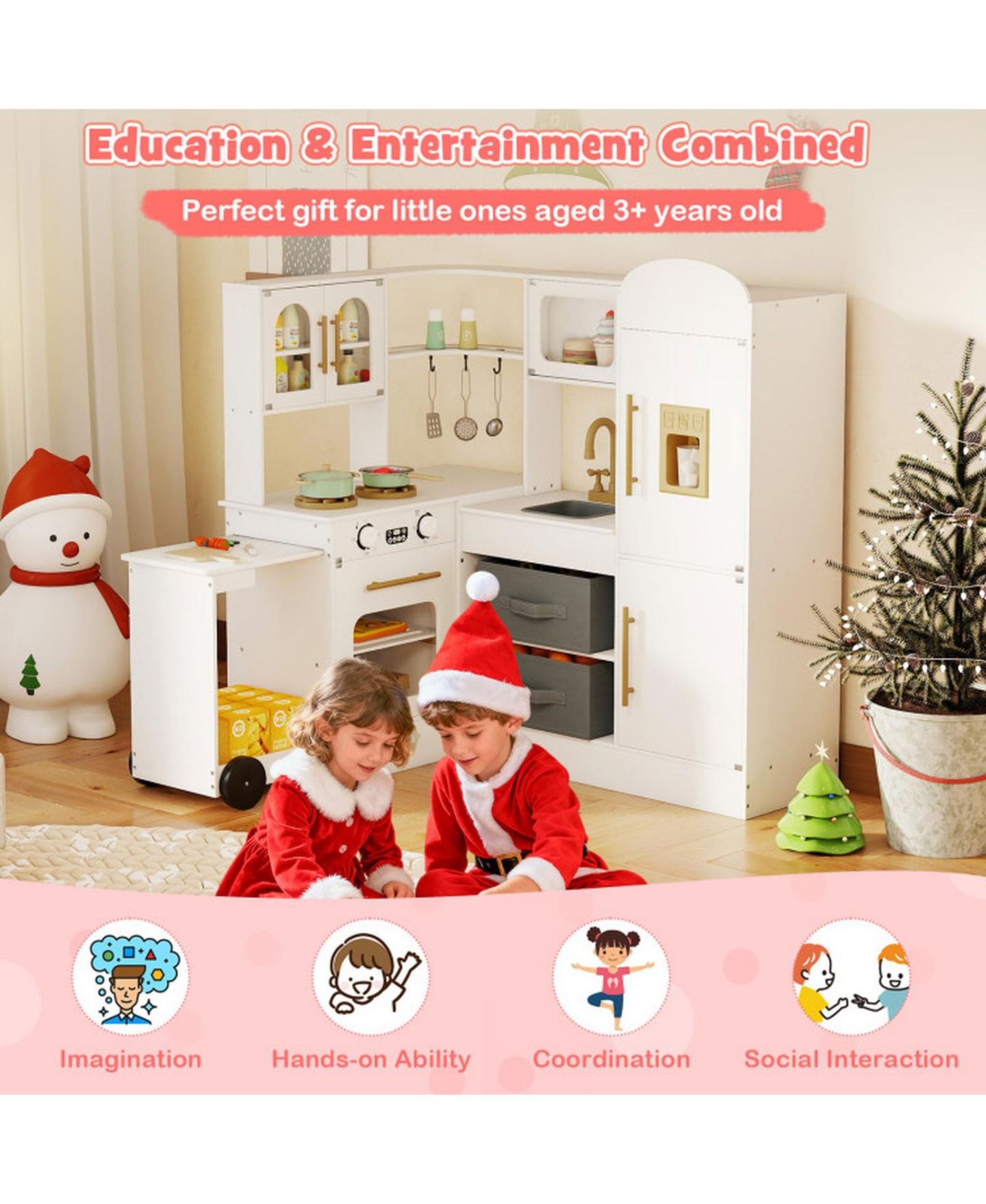 Детский игровой набор SUGIFT Corner Kitchen Playset with Retractable Countertop and Working Ice Maker, Ages 3+, цвет: Белый — фото 4