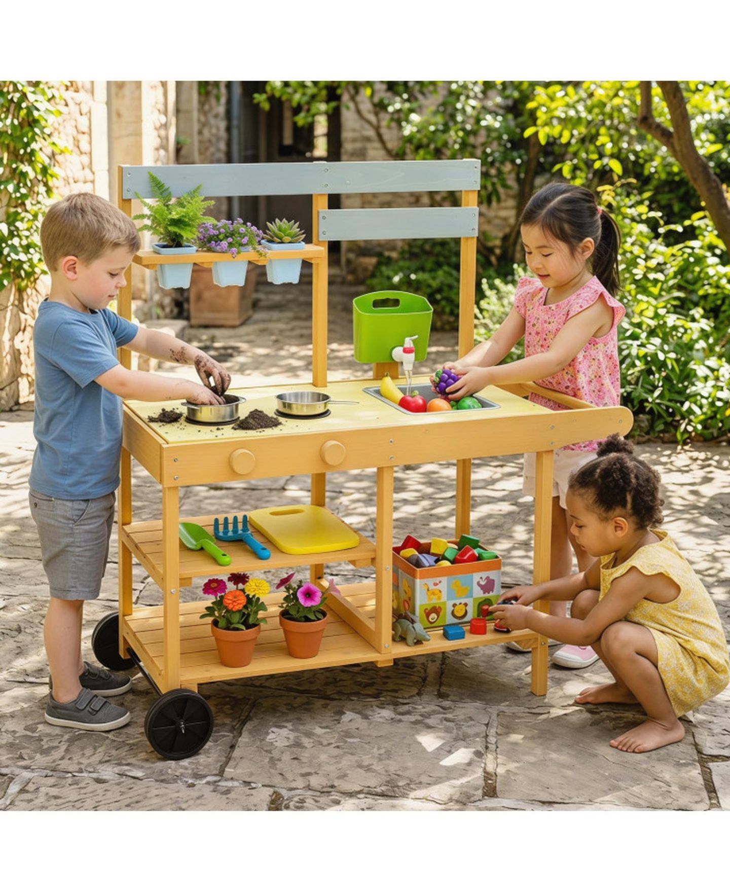 Детская игрушка SUGIFT Mobile Wooden Mud Kitchen with 3 Flowerpots and Cooking Accessories, Ages 3+, цвет: Жёлтый — фото 2