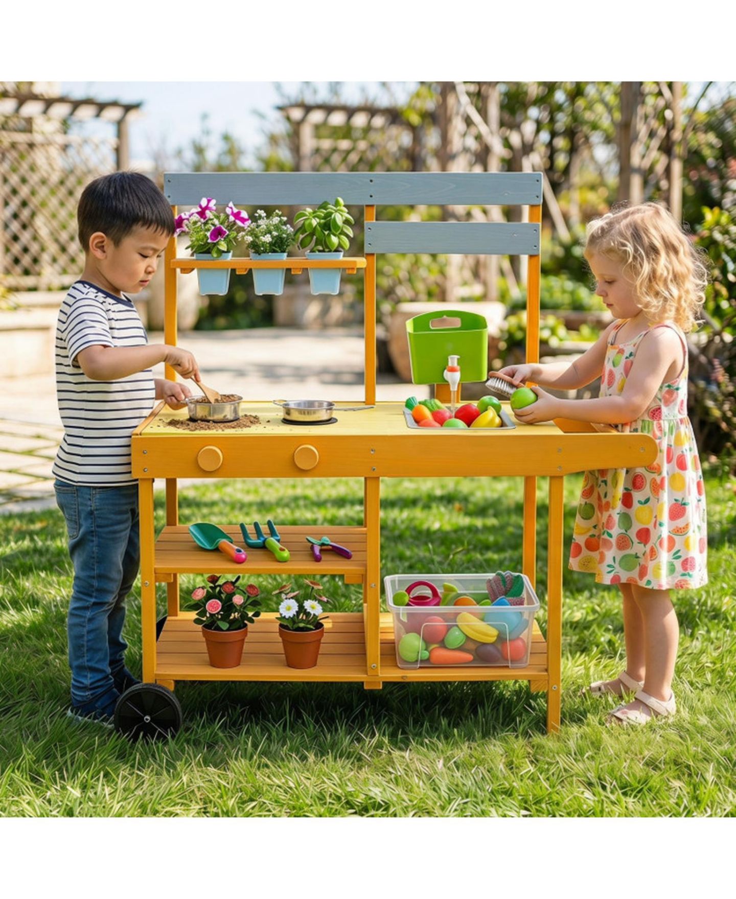 Детская игрушка SUGIFT Mobile Wooden Mud Kitchen with 3 Flowerpots and Cooking Accessories, Ages 3+, цвет: Жёлтый — фото 10