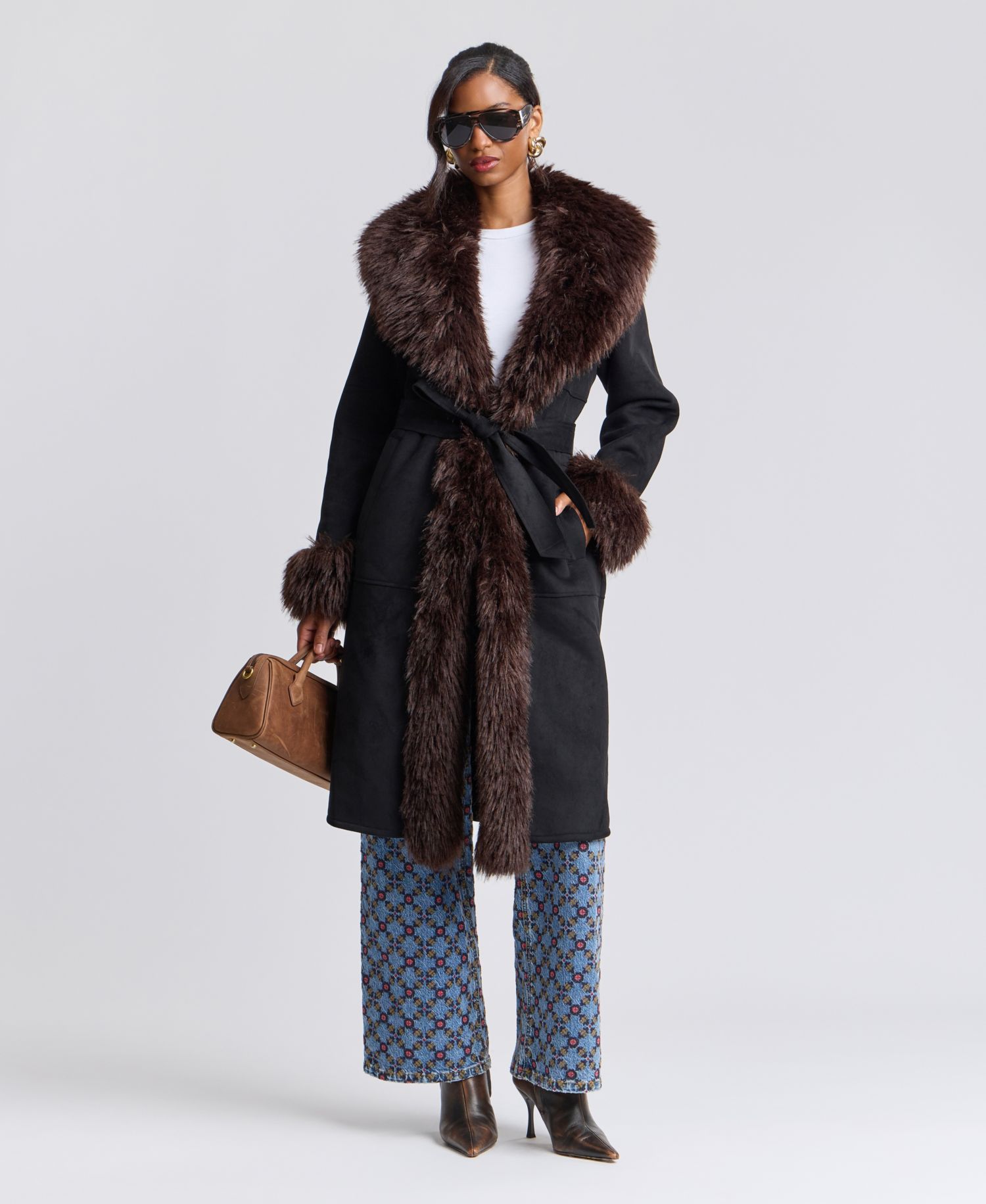 Women's Faux-Fur-Shawl-Collar Faux-Shearling Coat