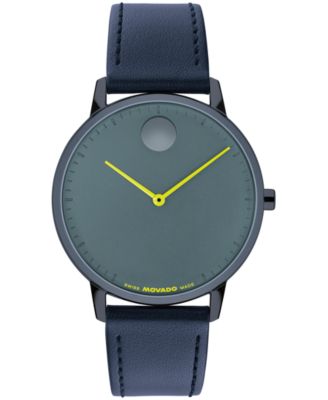 Men's Face Swiss Quartz Navy Blue Leather Watch 39mm