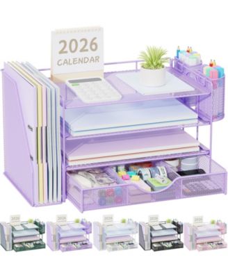 Metal Mesh Desk Organizer with File Holder Sliding Drawer and Pen Holders