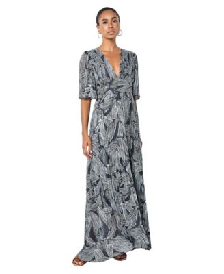 Women's Floral-Print Short-Sleeve Pleated Chiffon Maxi Dress
