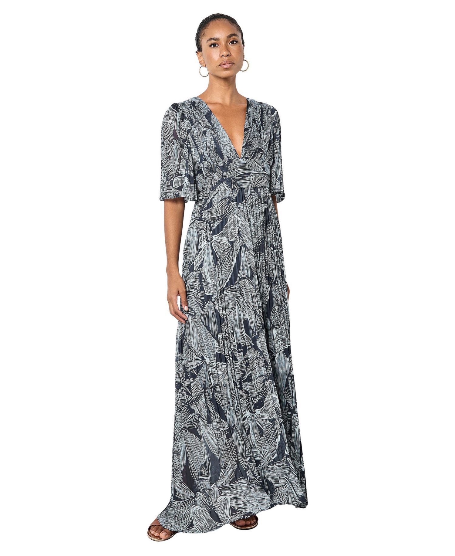 Women's Floral-Print Short-Sleeve Pleated Chiffon Maxi Dress