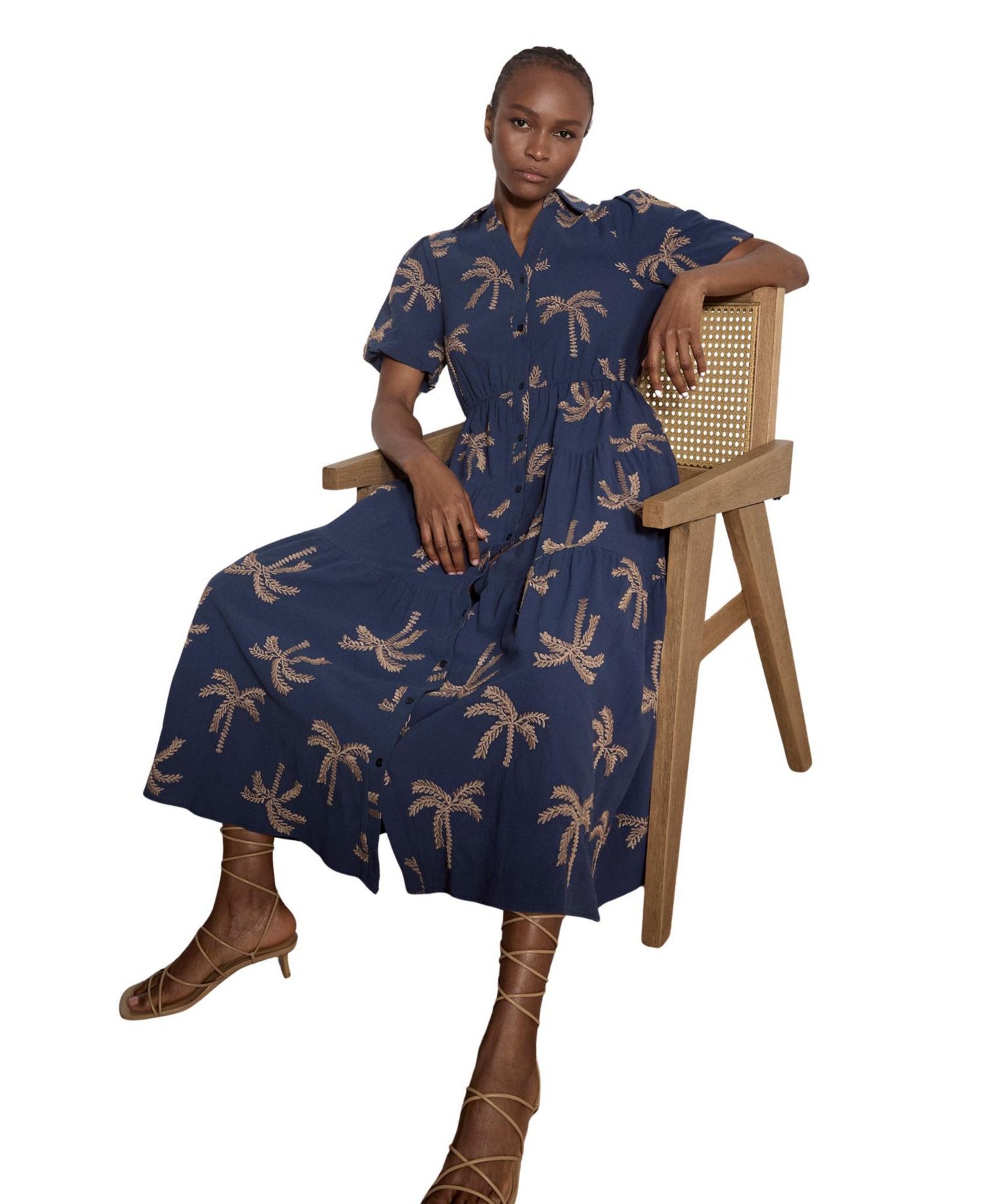 Women's Embroidered Puff-Sleeve Tiered Midi Dress