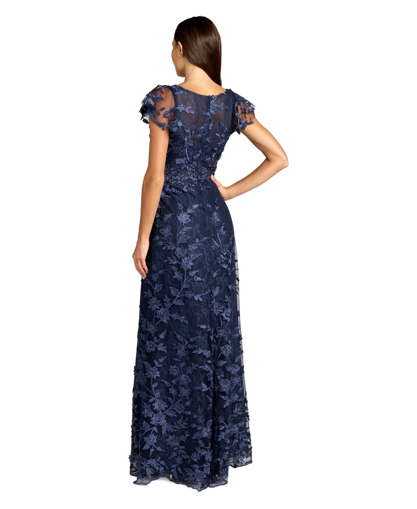 Женское платье Mac Duggal Petite Embroidered Applique V-Neck Flutter-Sleeve Gown, цвет: Тёмно-синий — фото 2