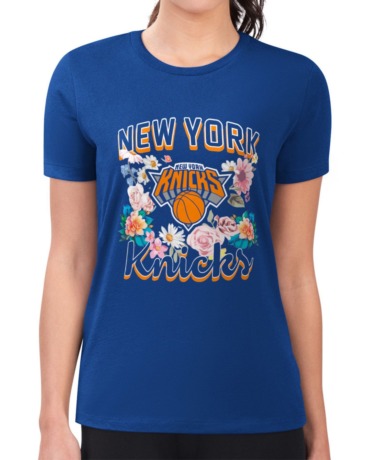 Женская футболка G-III 4Her by Carl Banks Blue New York Knicks Super-Slim Fit Lightweight Flowers Team Logo Graphic — фото 1