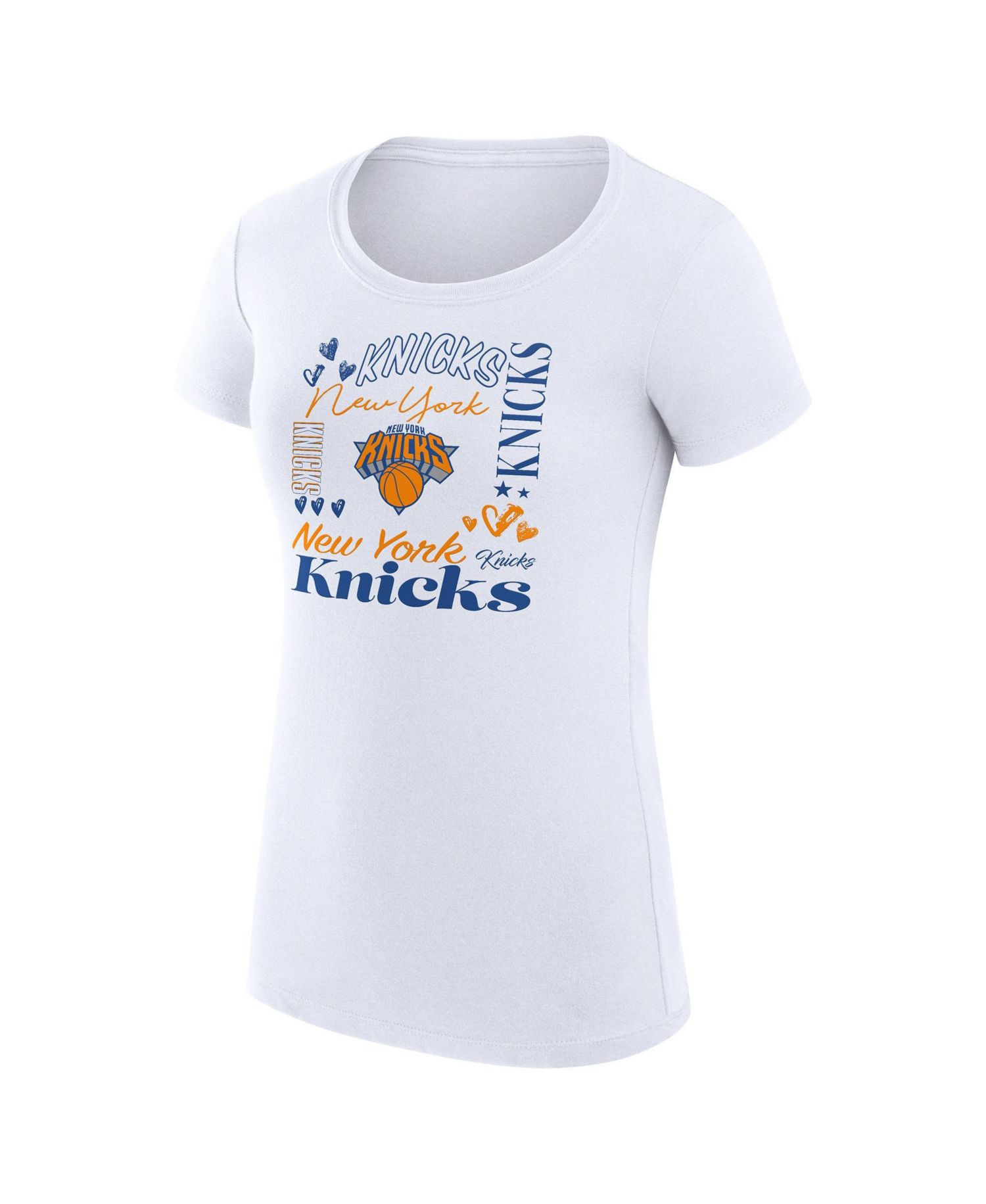 Women's White New York Knicks Super-Slim Fit Lightweight Team Name Collage Graphic T-Shirt