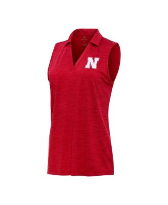 Women's Heather Scarlet Nebraska Huskers Layout Sleeveless V-Neck Polo Shirt