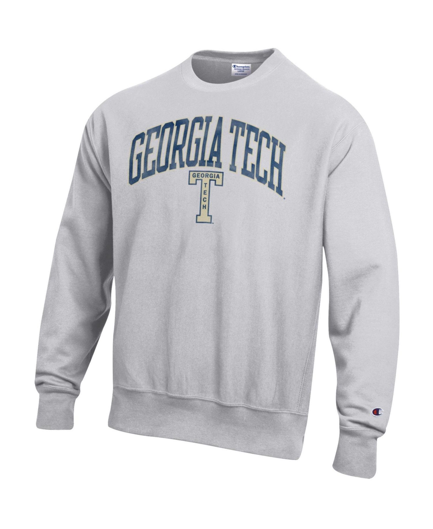Men's Gray Georgia Tech Yellow Jackets Distressed Arch Over Logo Reverse Weave Crew Neck Sweatshirt