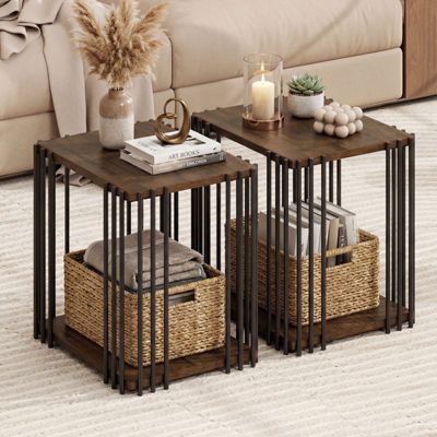 Rubber Wood End Table Set of 2 with 2-Tier Storage Shelves and Metal Frame