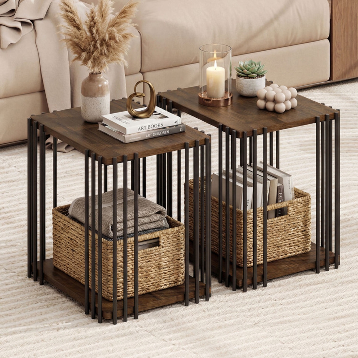 Sugift Rubber Wood End Table Set of 2 with 2-Tier Storage Shelves and Metal Frame