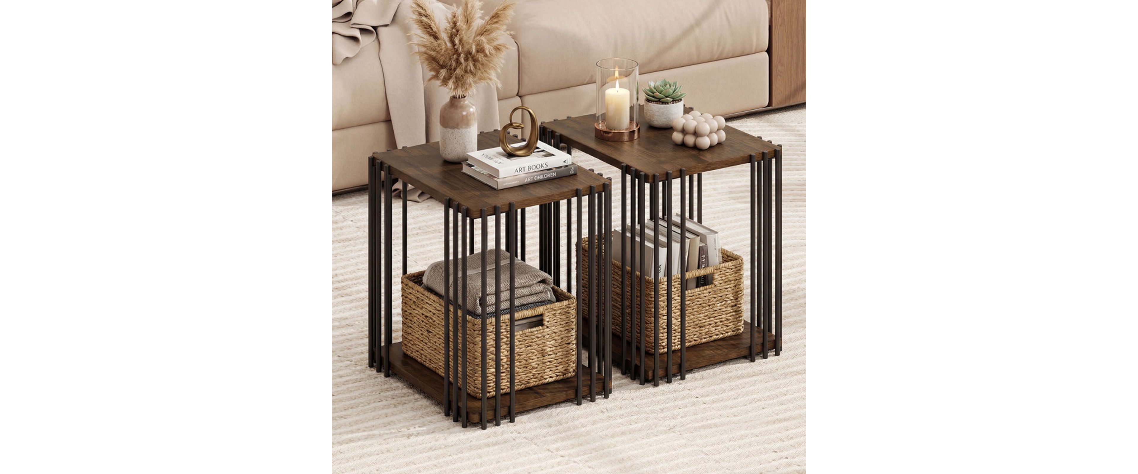 Sugift Rubber Wood End Table Set of 2 with 2-Tier Storage Shelves and Metal Frame