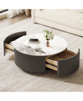 Round Movable Coffee Table with Casters and 2 Drawers