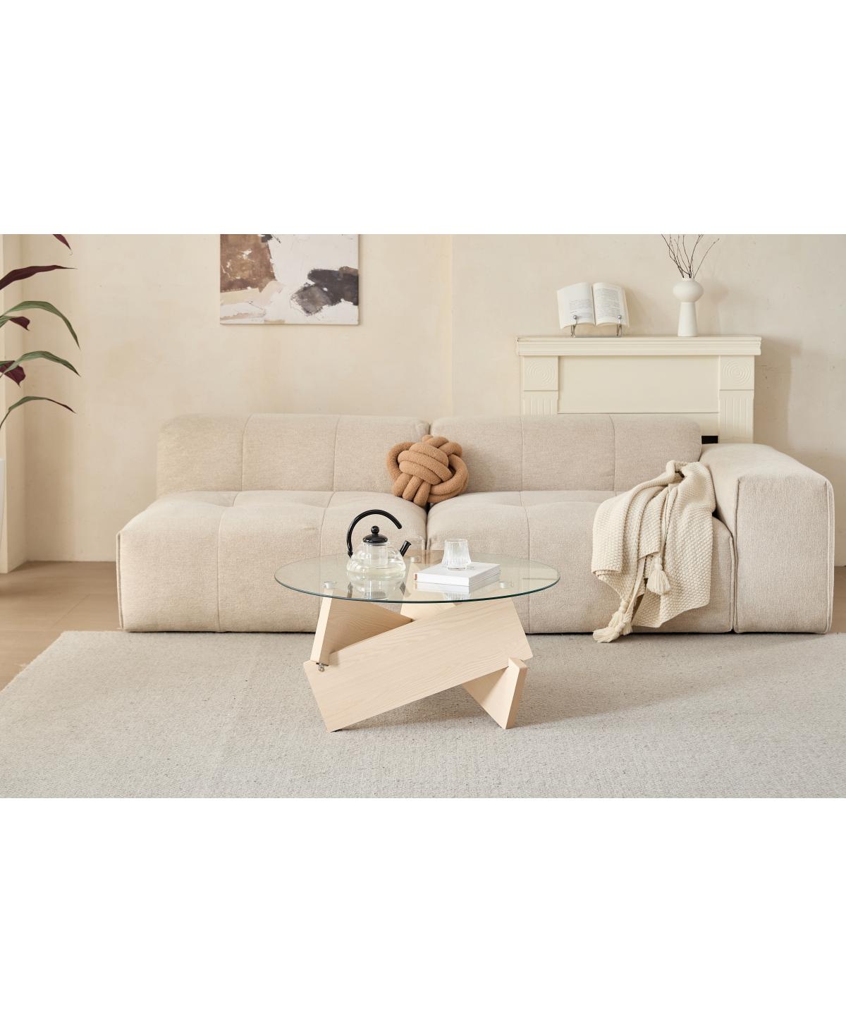 Streamdale Furniture Modern Round Farmhouse Coffee Table with Tempered Glass Top, Natural Wood