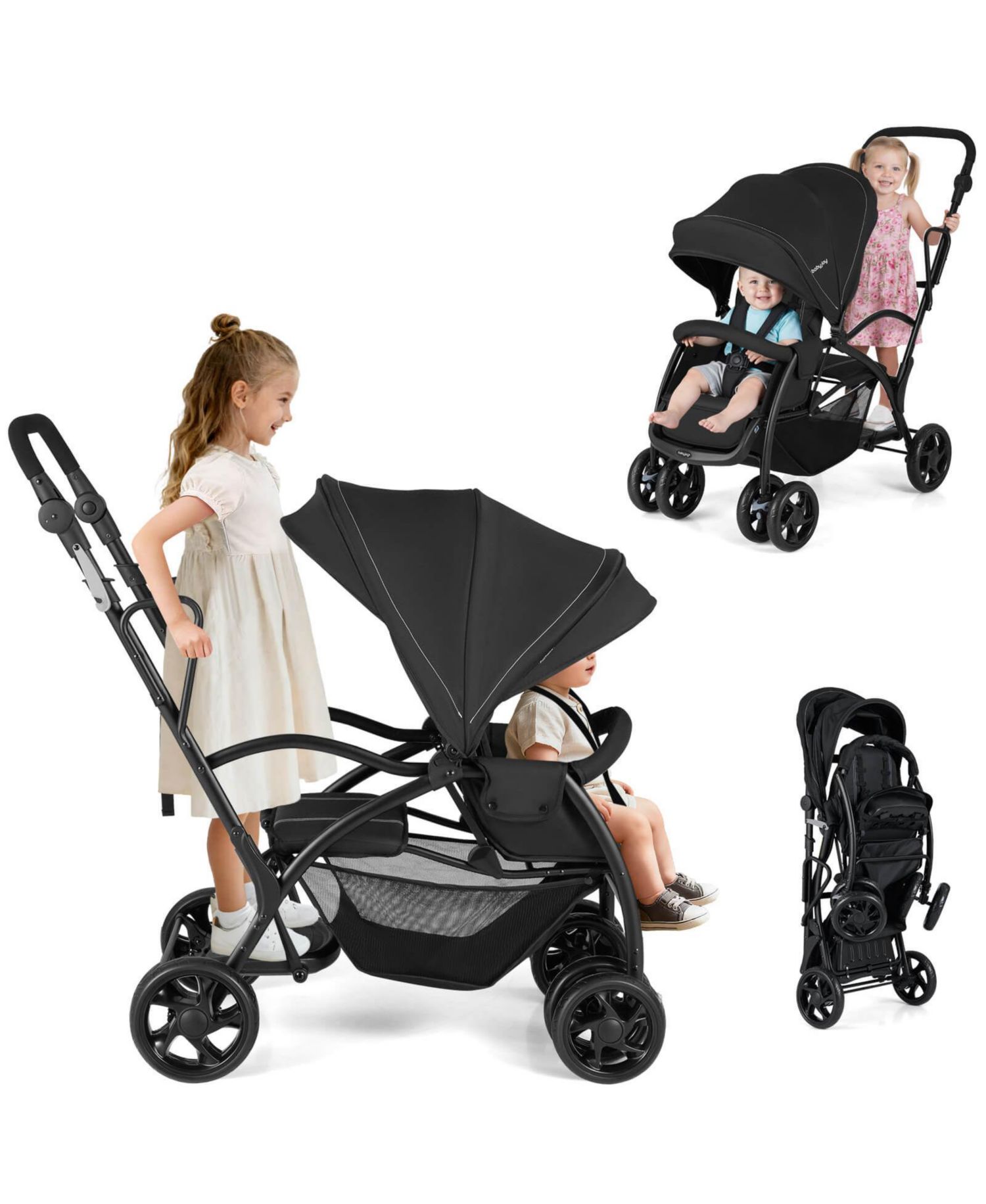 Sit and Stand Double Stroller with Adjustable Handle Bar Backrests Footrest Canopies