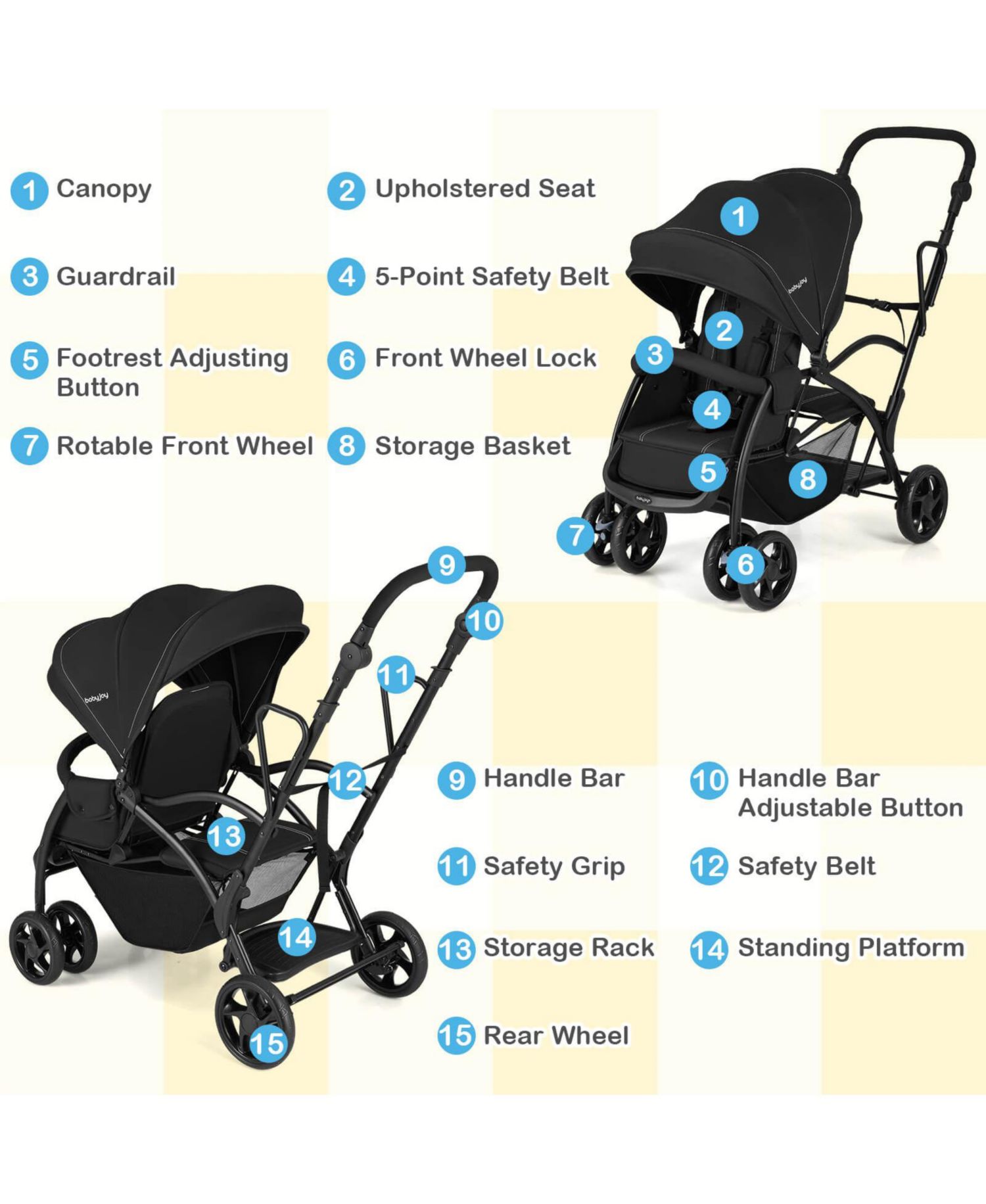 Sit and Stand Double Stroller with Adjustable Handle Bar Backrests Footrest Canopies