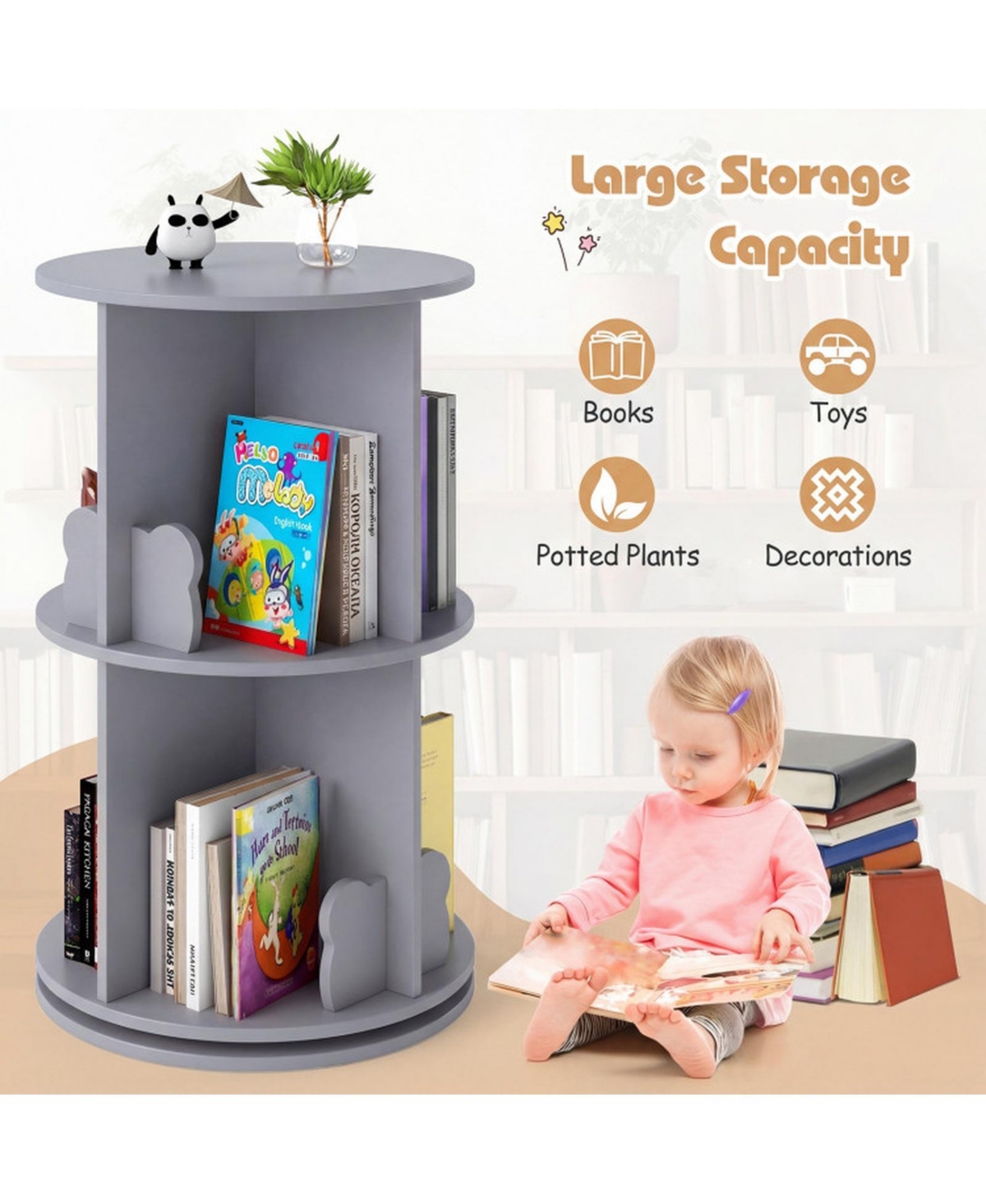 Sugift 2-Tier Rotating Kids Bookshelf 360-Degree Spinning Storage Rack with Bear Baffles