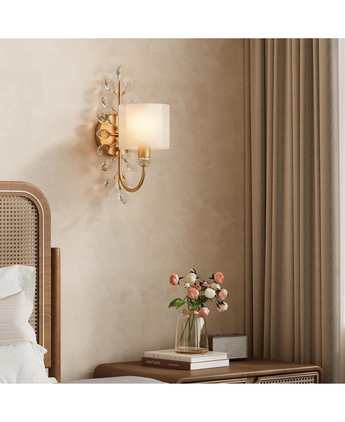 Tribesigns Wall Sconce with Crystal Leaves, Modern 1-Light Wall Light with Double-Layer Fabric Shade