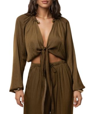 Women's Seaside Glow Tie-Front V-Neck Long-Sleeve Top