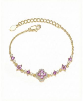 Radiant 14K Gold Plated CZ Clover and Floral Charms Bracelet