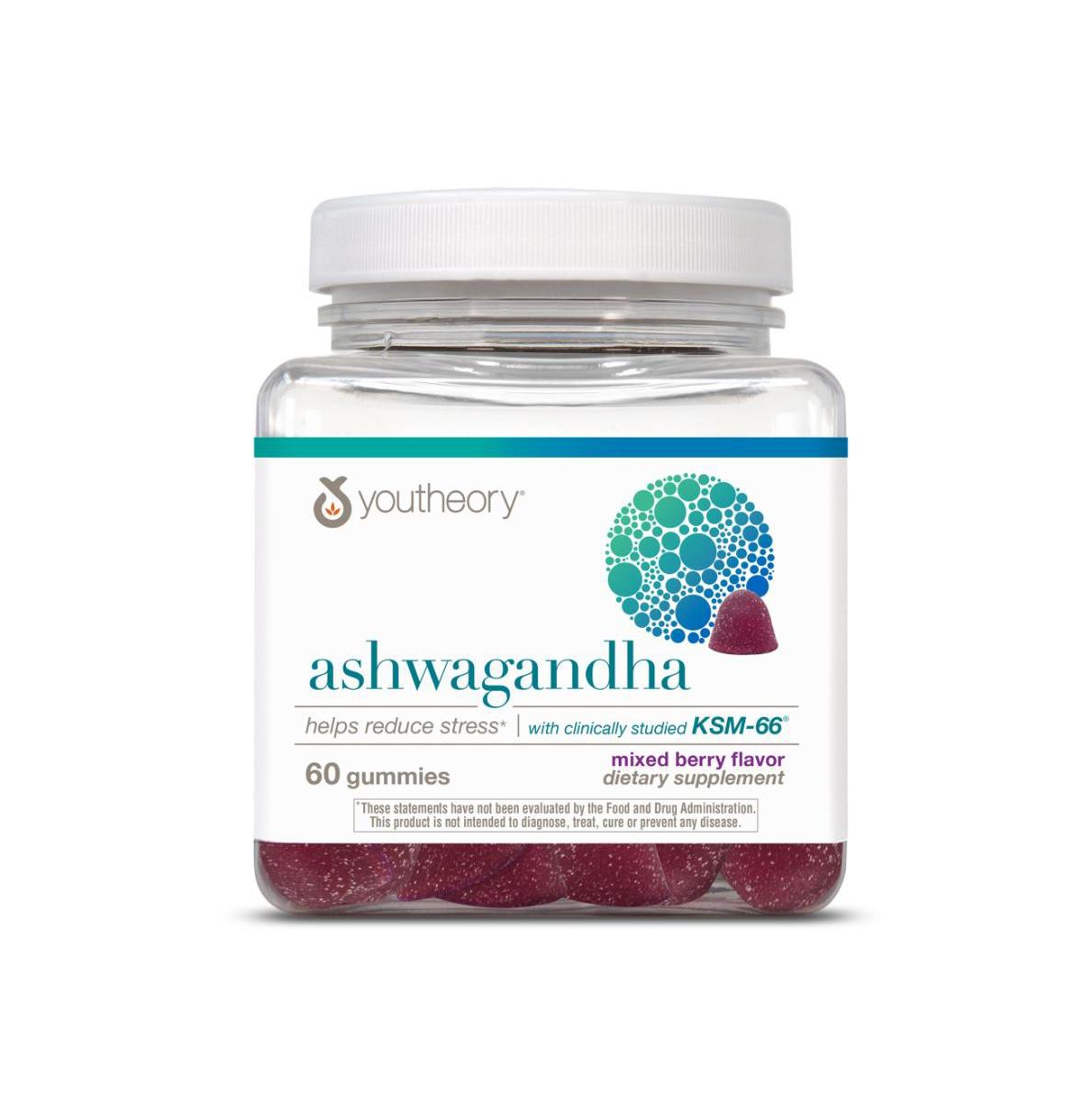 Youtheory Ashwagandha Cane Sugar Mixed Berry, 60 Gummies 20 Day Supply