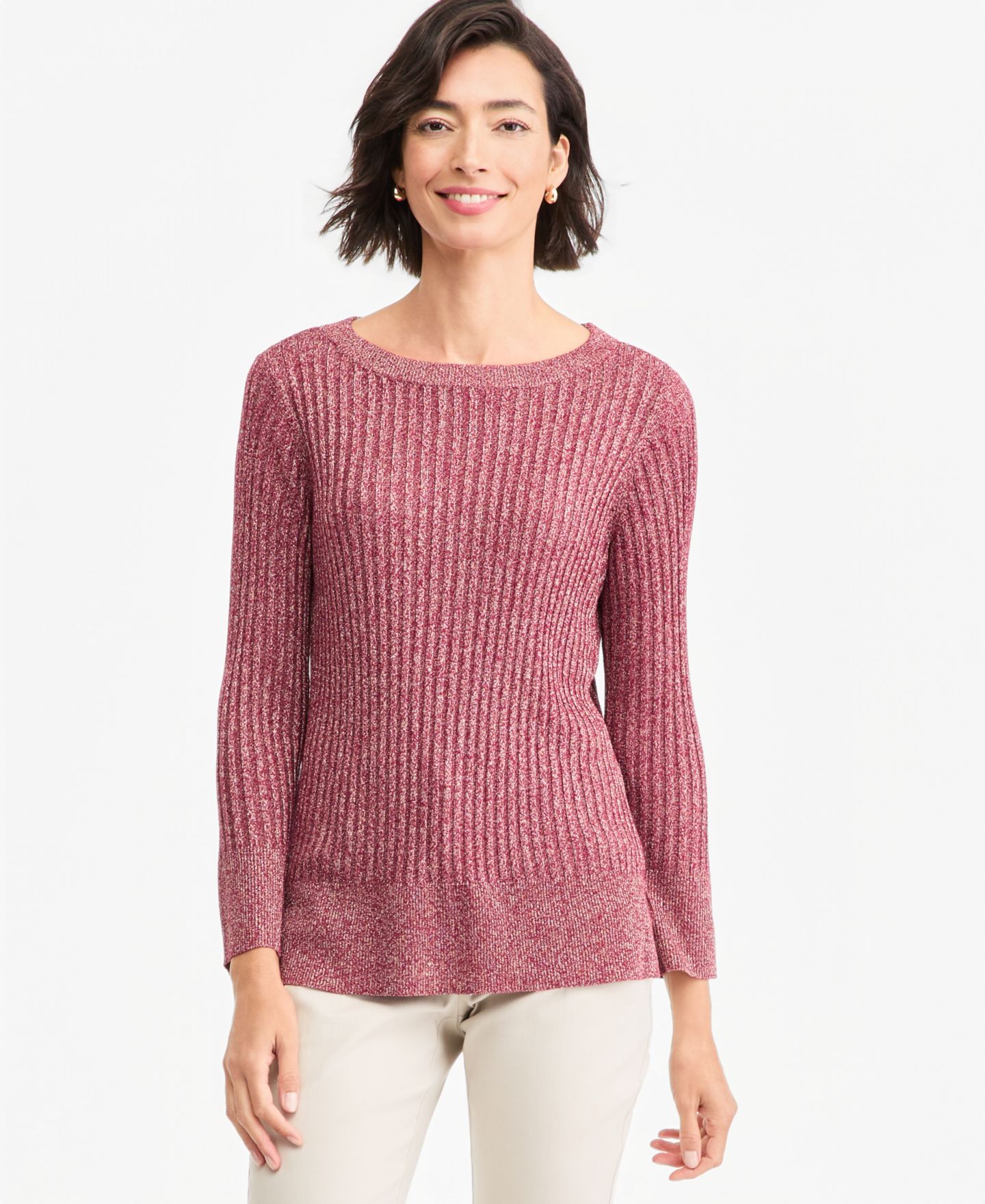 Женский свитер JM Collection Boat Neck Long-Sleeve Lurex, цвет: Вишнёвый — фото 1